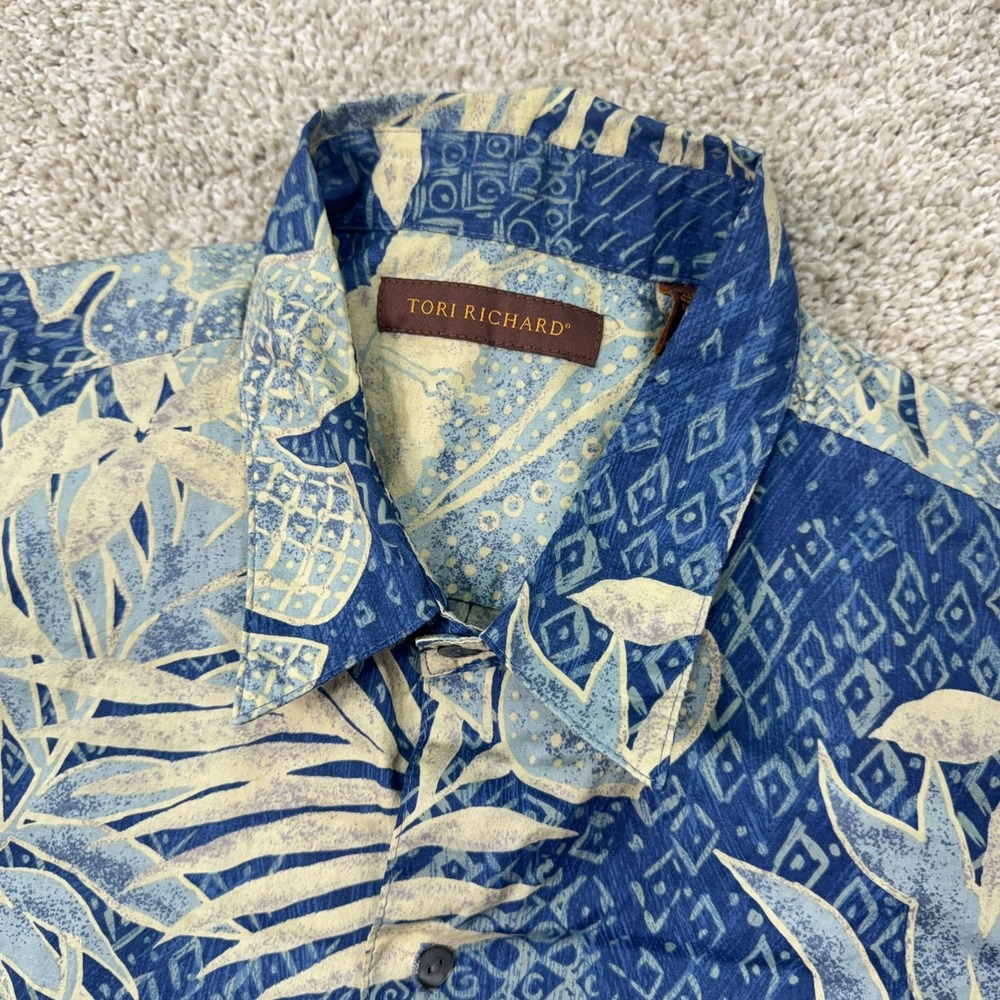 Tori Richard Aloha Shirt Mens 2XL Blue Tropical Cotton Lawn Floral Button Up